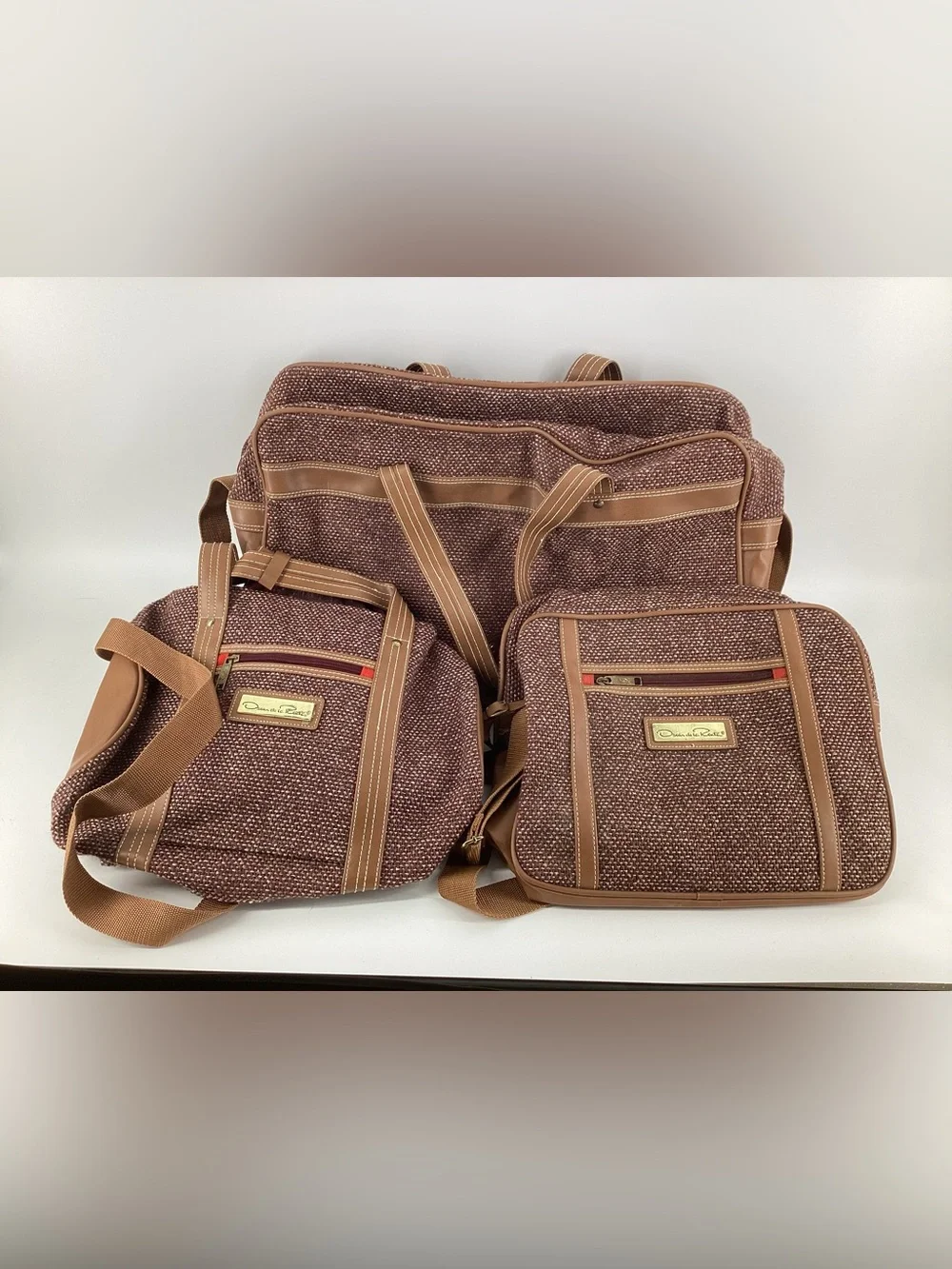 Oscar de la Renta Brown Tweed 3pc Travel Tote and Matching Crossbody Bags